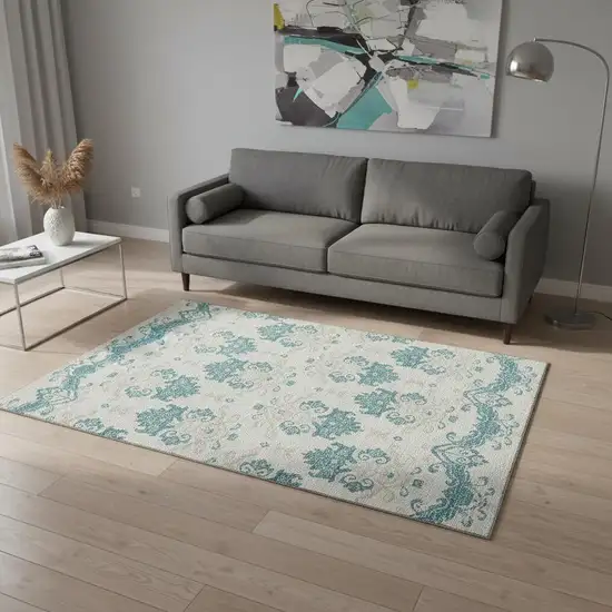 Teal Ivory And Gray Medallion Washable Area Rug With UV Protection Photo 2