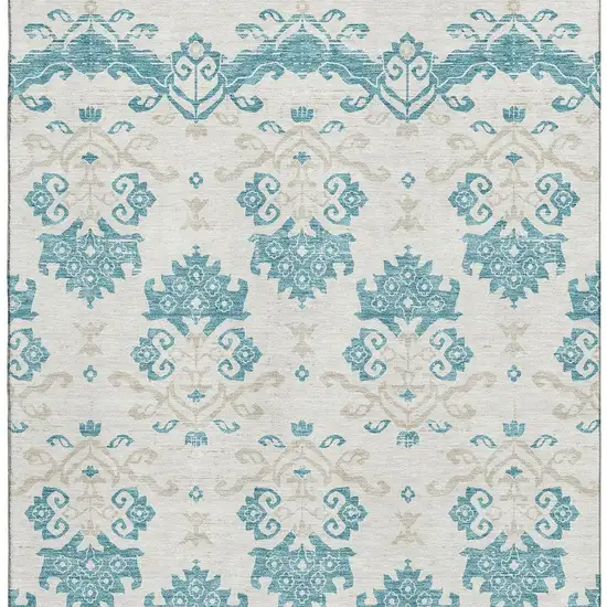 Teal Ivory And Gray Medallion Washable Area Rug With UV Protection Photo 3