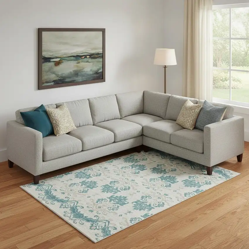 Teal Ivory And Gray Medallion Washable Area Rug With UV Protection Photo 1