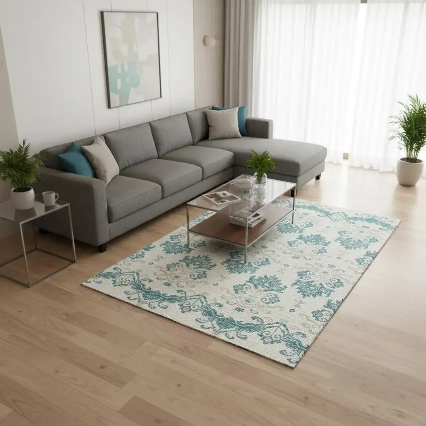 Teal Ivory And Gray Medallion Washable Area Rug With UV Protection Photo 2