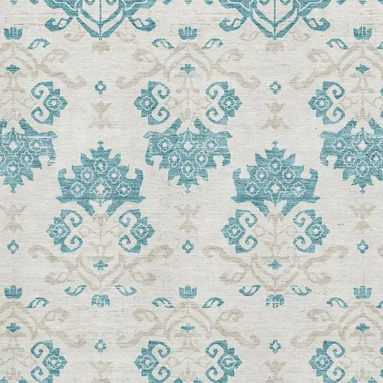 Teal Ivory And Gray Medallion Washable Area Rug With UV Protection Photo 3