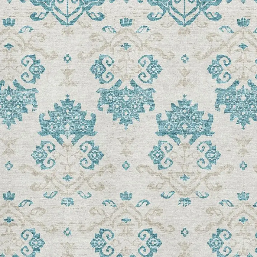 Teal Ivory And Gray Medallion Washable Area Rug With UV Protection Photo 3