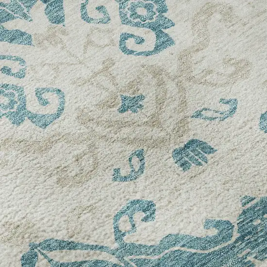 Teal Ivory And Gray Medallion Washable Area Rug With UV Protection Photo 9