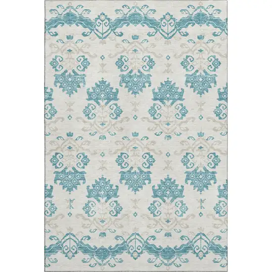 Teal Ivory And Gray Medallion Washable Area Rug With UV Protection Photo 1