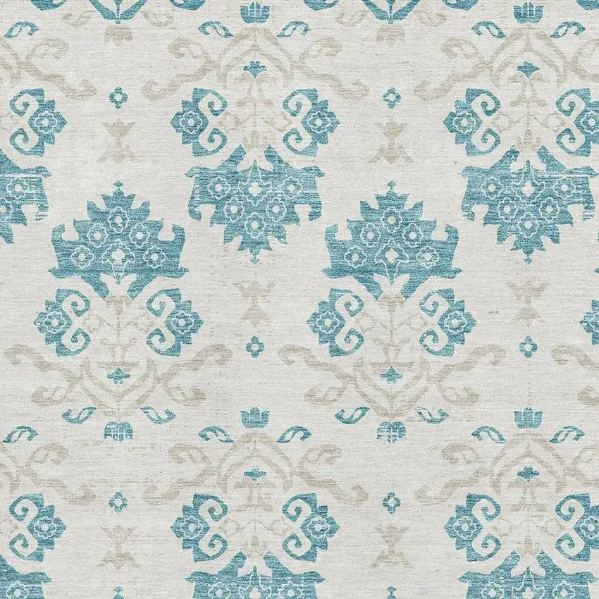 Teal Ivory And Gray Medallion Washable Area Rug With UV Protection Photo 3