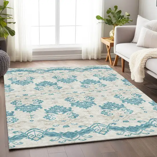 Teal Ivory And Gray Medallion Washable Area Rug With UV Protection Photo 5