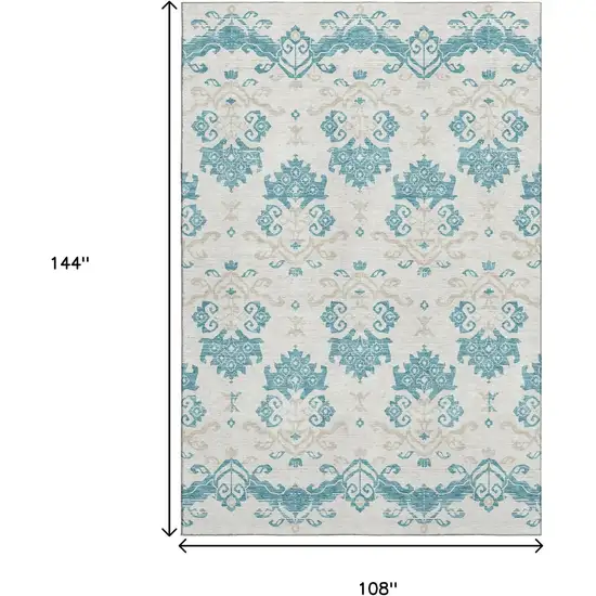 Teal Ivory And Gray Medallion Washable Area Rug With UV Protection Photo 3