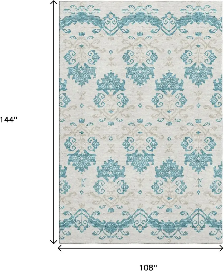 Teal Ivory And Gray Medallion Washable Area Rug With UV Protection Photo 3