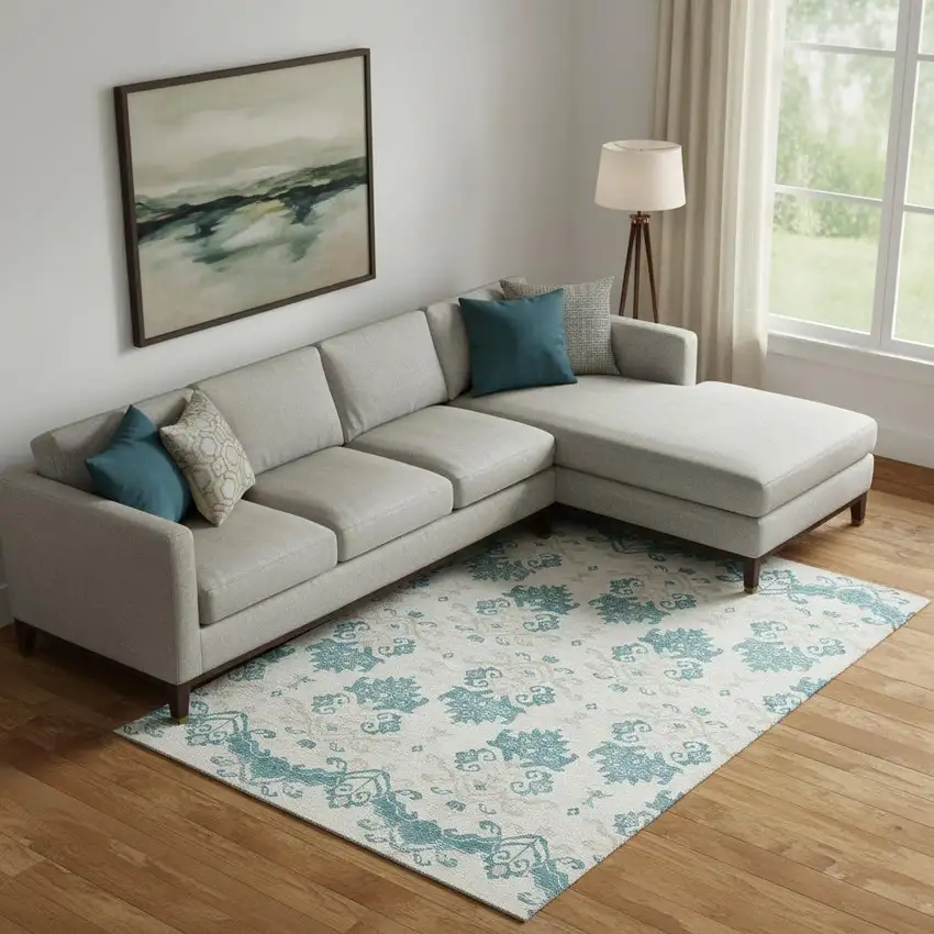 Teal Ivory And Gray Medallion Washable Area Rug With UV Protection Photo 1