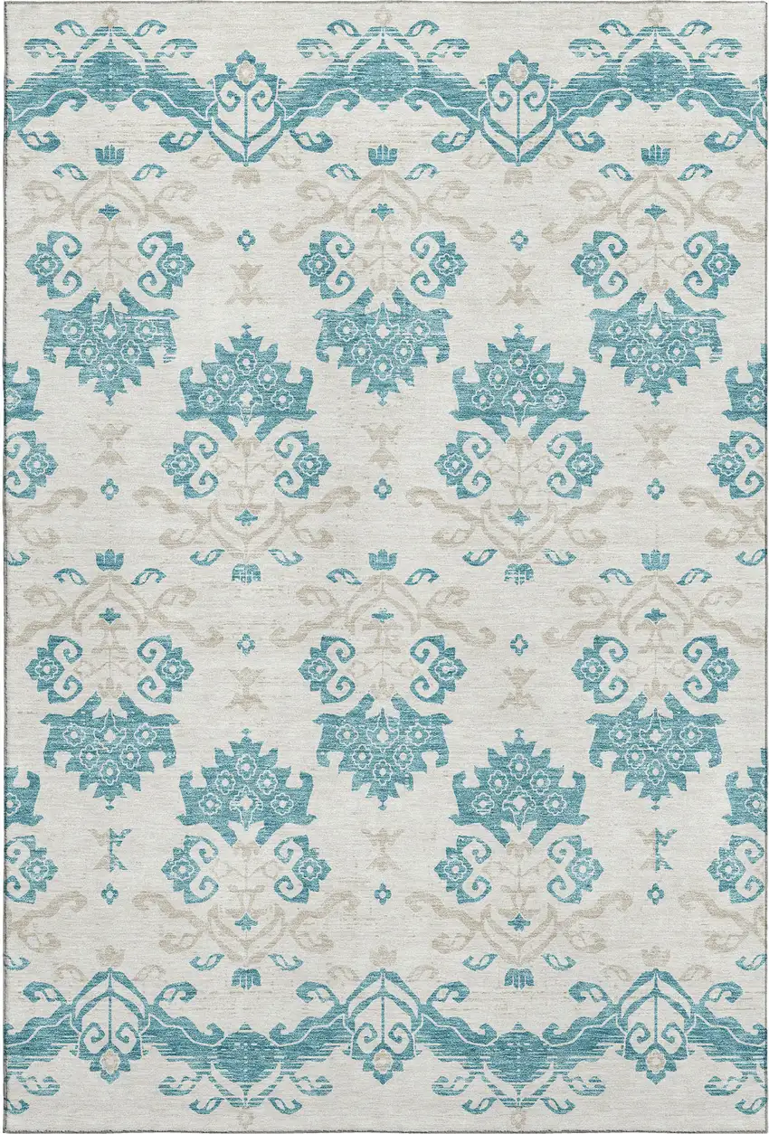 Teal Ivory And Gray Medallion Washable Area Rug With UV Protection Photo 1