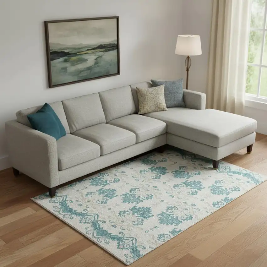 Teal Ivory And Gray Medallion Washable Area Rug With UV Protection Photo 1