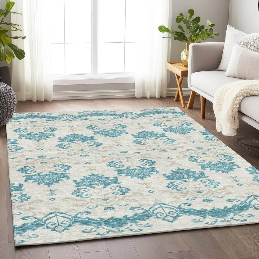 Teal Ivory And Gray Medallion Washable Area Rug With UV Protection Photo 5