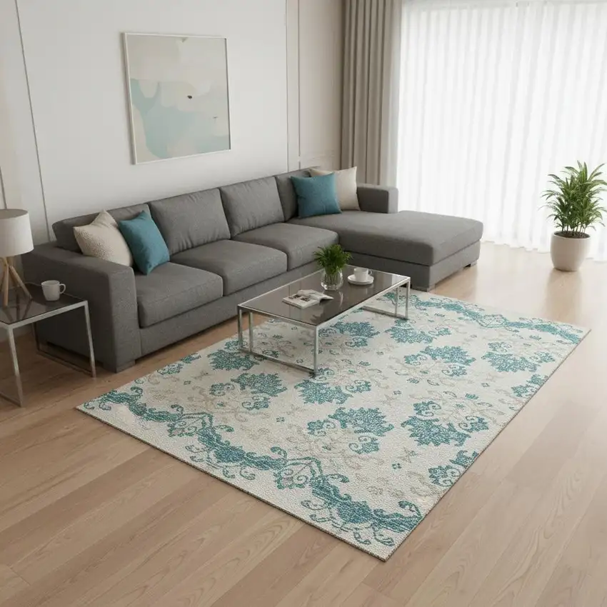 Teal Ivory And Gray Medallion Washable Area Rug With UV Protection Photo 2