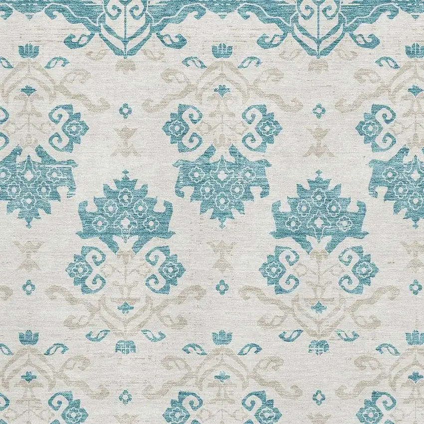 Teal Ivory And Gray Medallion Washable Area Rug With UV Protection Photo 3