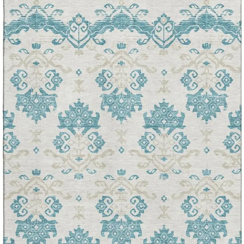 Teal Ivory And Gray Medallion Washable Area Rug With UV Protection Photo 4