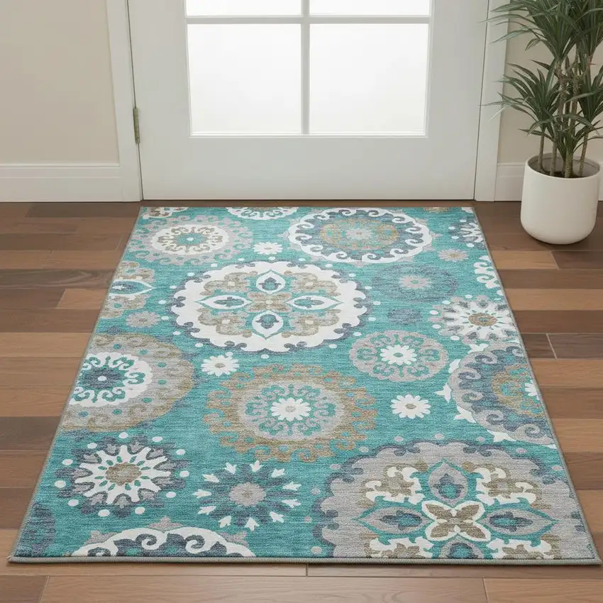 Teal Ivory And Gray Medallion Washable Area Rug With UV Protection Photo 2