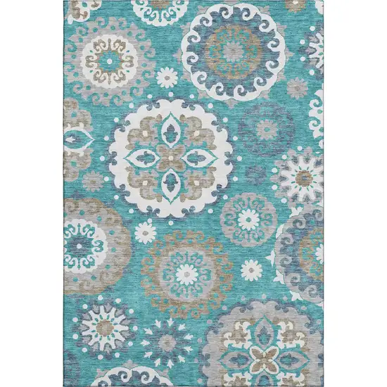 Teal Ivory And Gray Medallion Washable Area Rug With UV Protection Photo 1