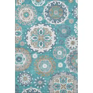 Photo of Teal Ivory And Gray Medallion Washable Area Rug With UV Protection