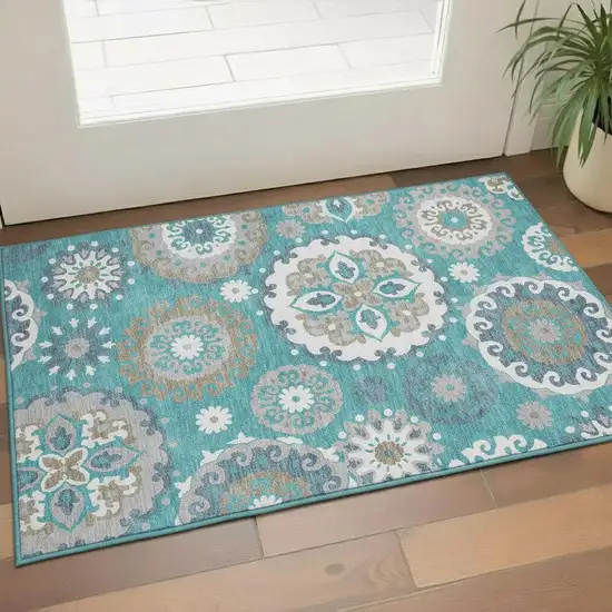 Teal Ivory And Gray Medallion Washable Area Rug With UV Protection Photo 1