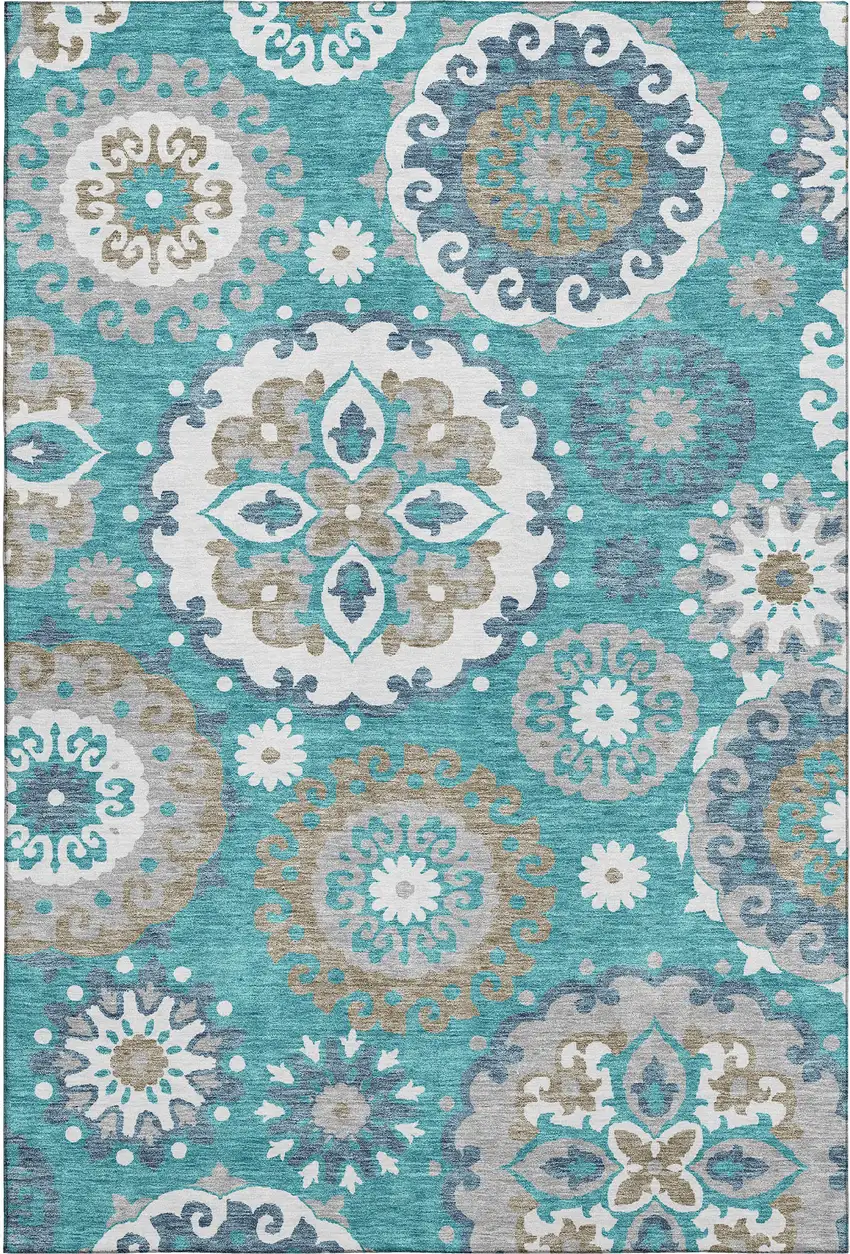 Teal Ivory And Gray Medallion Washable Area Rug With UV Protection Photo 1