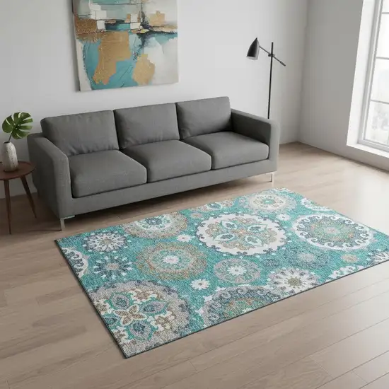 Teal Ivory And Gray Medallion Washable Area Rug With UV Protection Photo 2