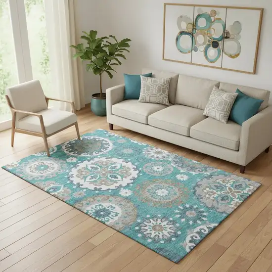 Teal Ivory And Gray Medallion Washable Area Rug With UV Protection Photo 1
