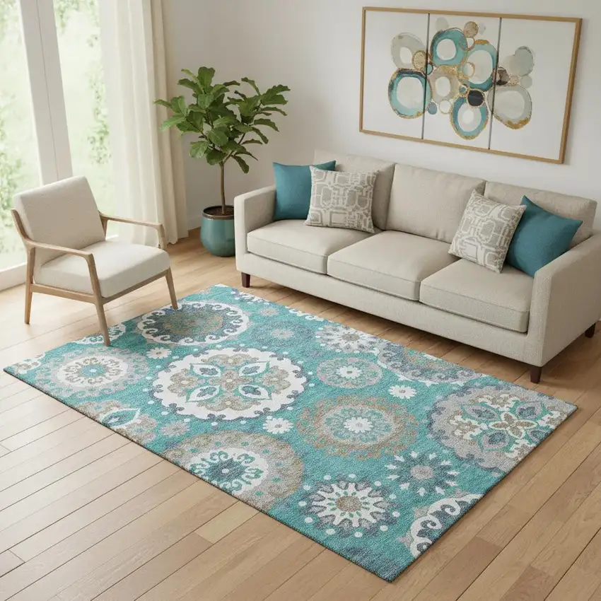 Teal Ivory And Gray Medallion Washable Area Rug With UV Protection Photo 1