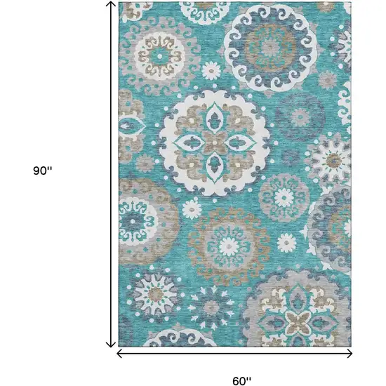 Teal Ivory And Gray Medallion Washable Area Rug With UV Protection Photo 3