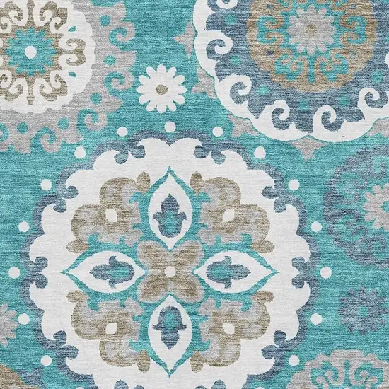 Teal Ivory And Gray Medallion Washable Area Rug With UV Protection Photo 3