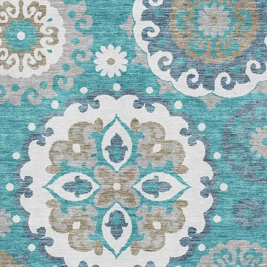 Teal Ivory And Gray Medallion Washable Area Rug With UV Protection Photo 3