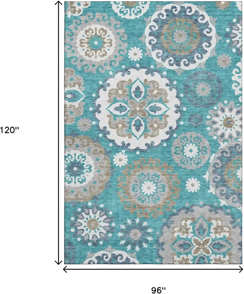 Teal Ivory And Gray Medallion Washable Area Rug With UV Protection Photo 3
