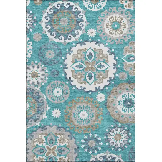 Teal Ivory And Gray Medallion Washable Area Rug With UV Protection Photo 3