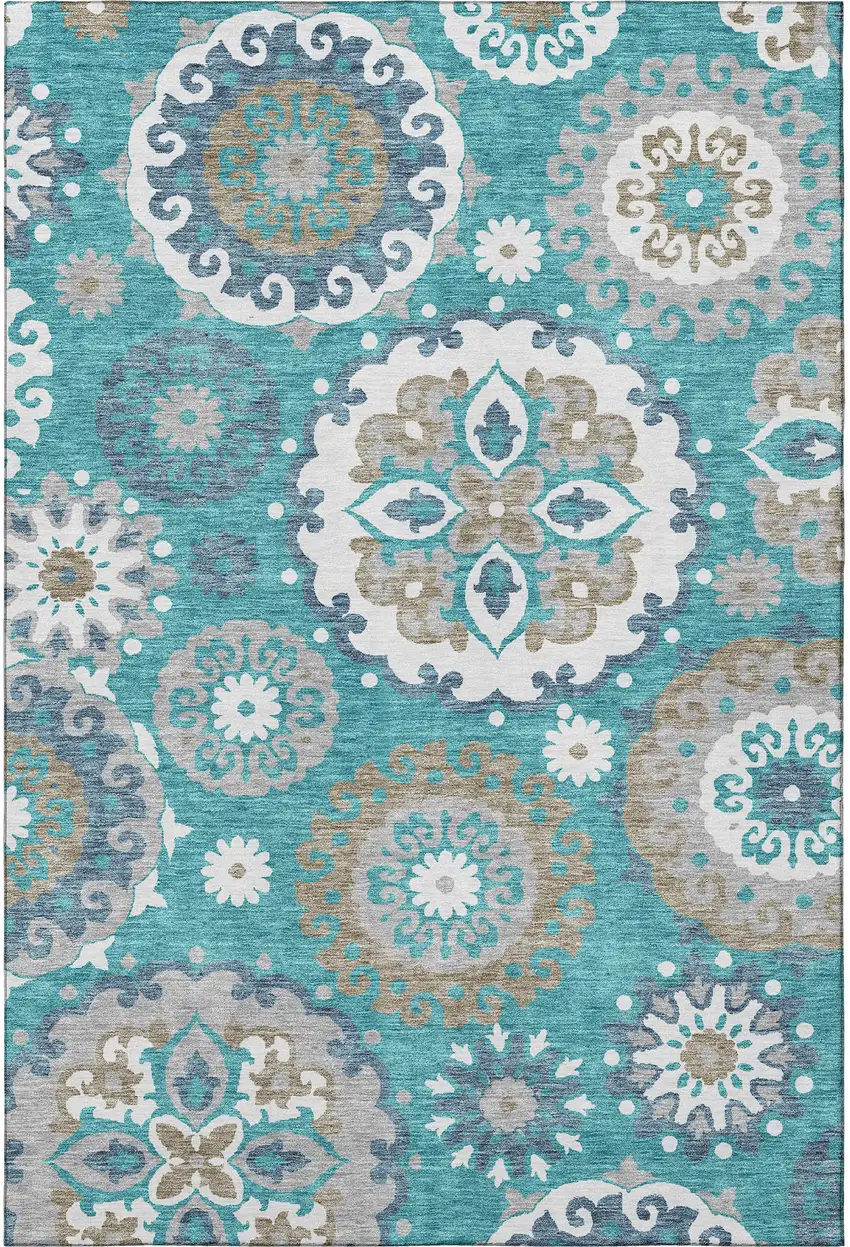 Teal Ivory And Gray Medallion Washable Area Rug With UV Protection Photo 3