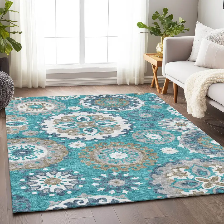 Teal Ivory And Gray Medallion Washable Area Rug With UV Protection Photo 4