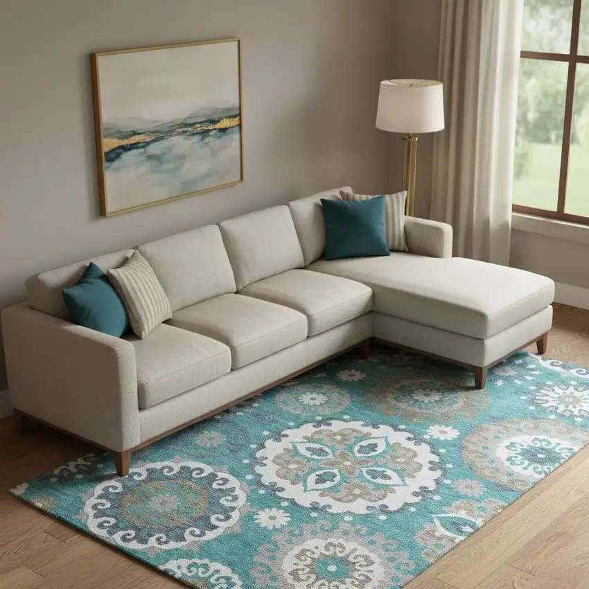 Teal Ivory And Gray Medallion Washable Area Rug With UV Protection Photo 1