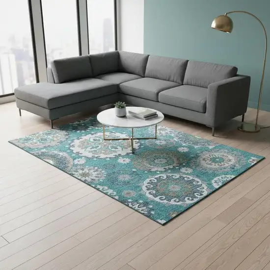 Teal Ivory And Gray Medallion Washable Area Rug With UV Protection Photo 2