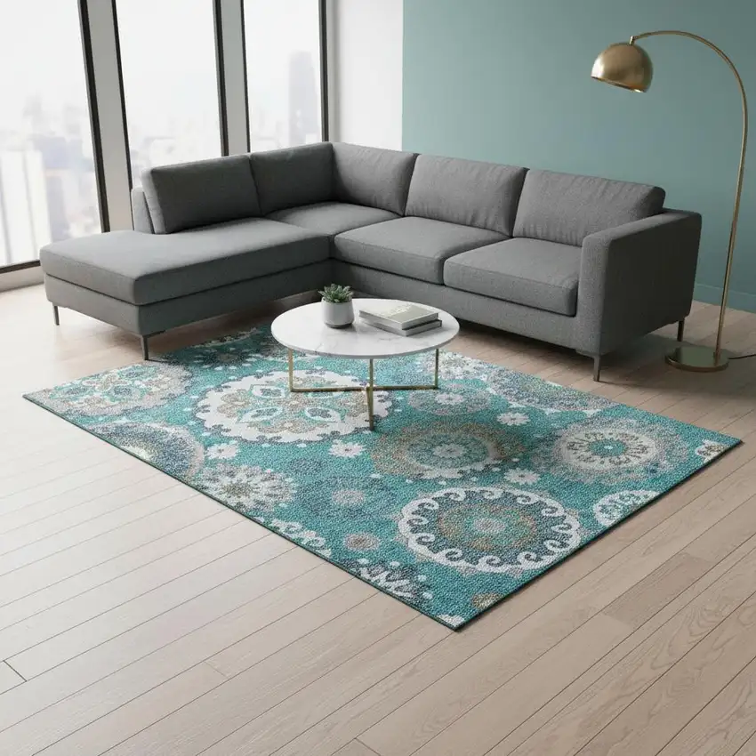 Teal Ivory And Gray Medallion Washable Area Rug With UV Protection Photo 2