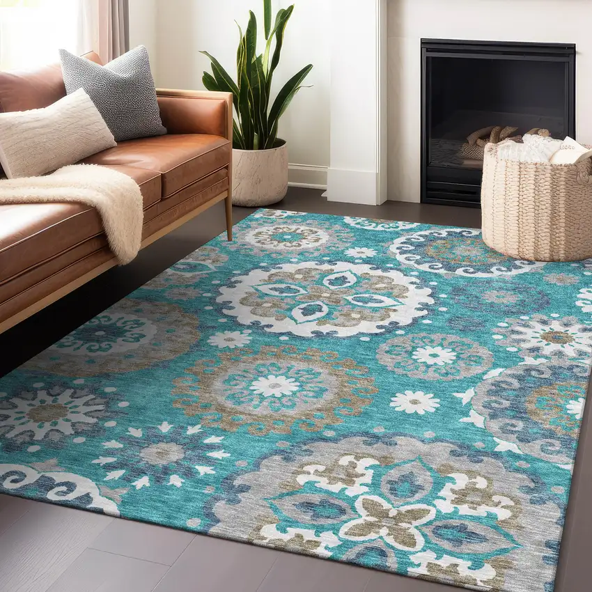 Teal Ivory And Gray Medallion Washable Area Rug With UV Protection Photo 5