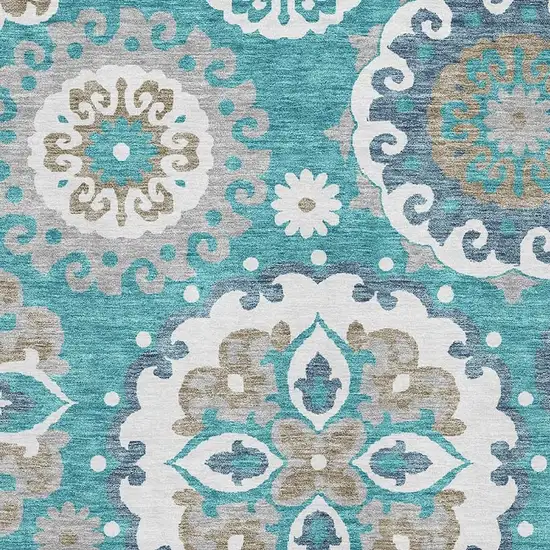 Teal Ivory And Gray Medallion Washable Area Rug With UV Protection Photo 3