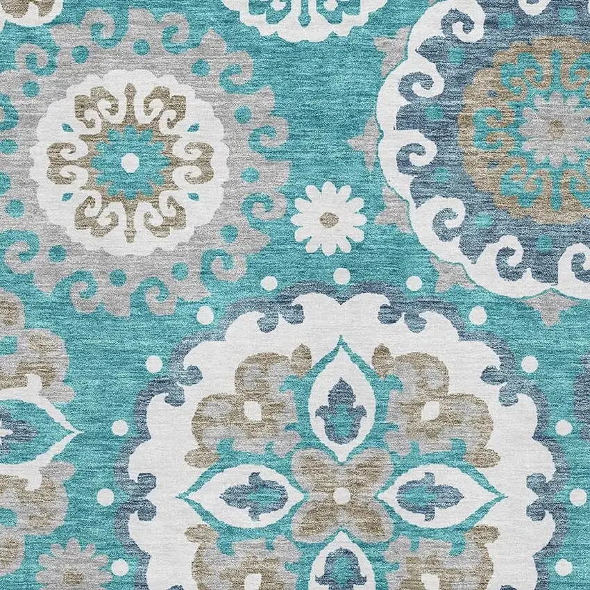 Teal Ivory And Gray Medallion Washable Area Rug With UV Protection Photo 3