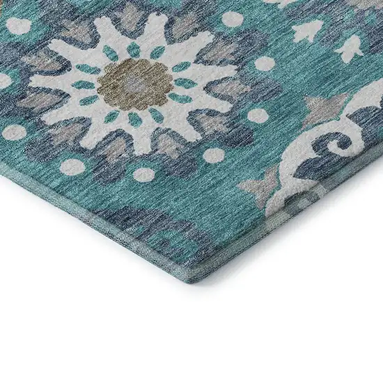 Teal Ivory And Gray Medallion Washable Area Rug With UV Protection Photo 8