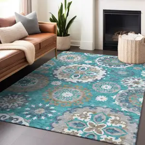 Photo of Teal Ivory And Gray Medallion Washable Area Rug With UV Protection