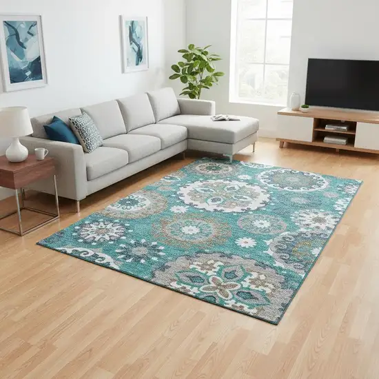 Teal Ivory And Gray Medallion Washable Area Rug With UV Protection Photo 2