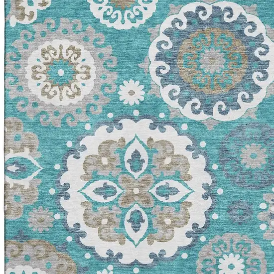 Teal Ivory And Gray Medallion Washable Area Rug With UV Protection Photo 4