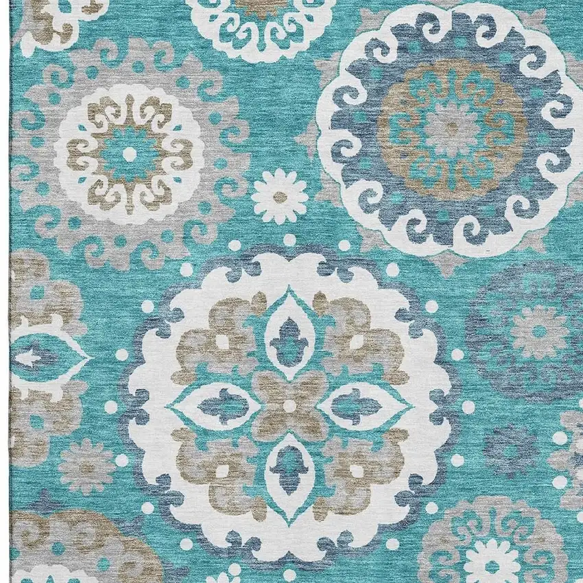 Teal Ivory And Gray Medallion Washable Area Rug With UV Protection Photo 4