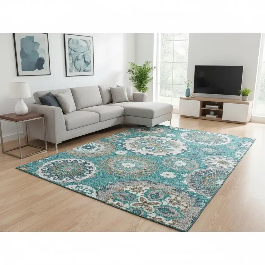 Teal Ivory And Gray Medallion Washable Area Rug With UV Protection Photo 2