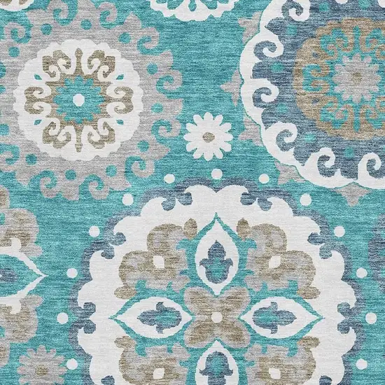 Teal Ivory And Gray Medallion Washable Area Rug With UV Protection Photo 3