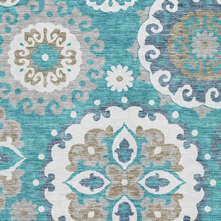 Teal Ivory And Gray Medallion Washable Area Rug With UV Protection Photo 3