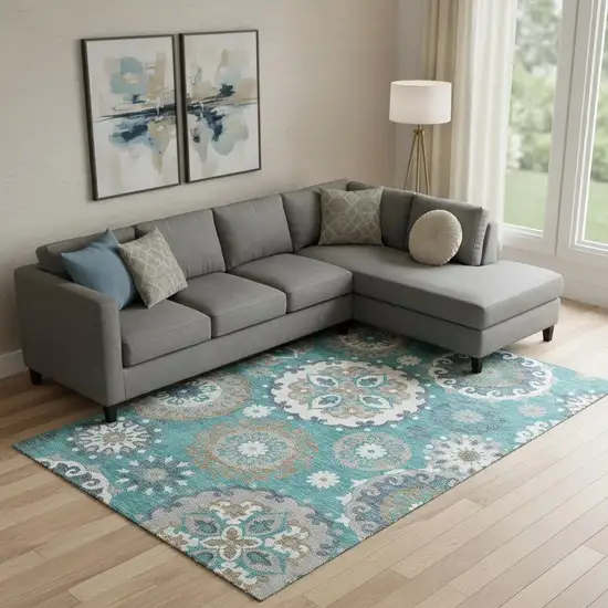 Teal Ivory And Gray Medallion Washable Area Rug With UV Protection Photo 1