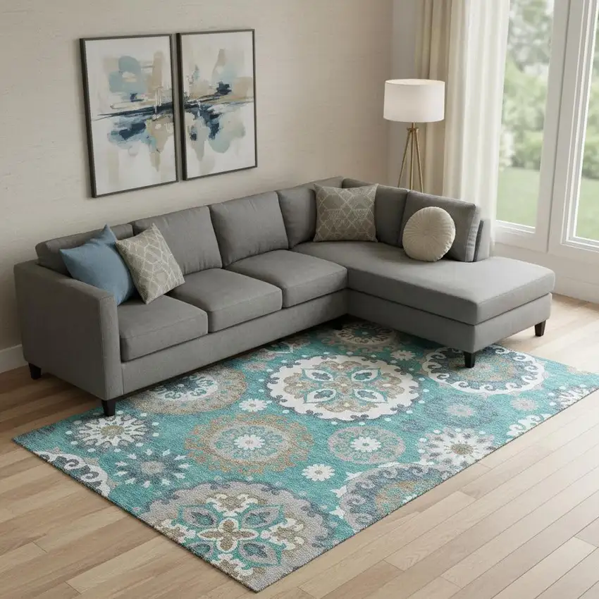 Teal Ivory And Gray Medallion Washable Area Rug With UV Protection Photo 1